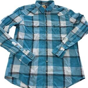 Hugo Boss Orange Shirt Mens XL Blue Plaid Western Snap Button‎ Long Sleeve Top